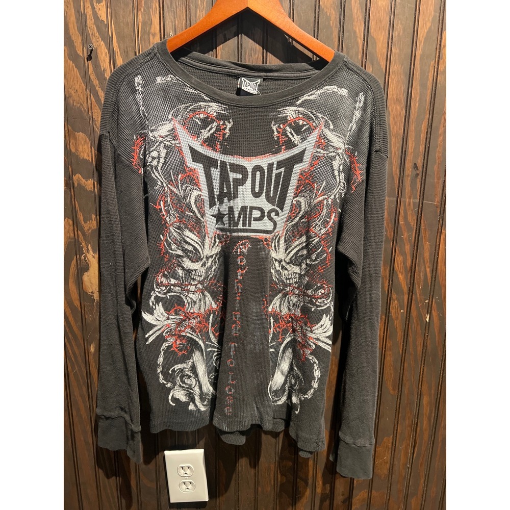 Tapout MPS Long Sleeve Thermal Shirt Black MMA Graphic Waffle Knit Skulls 2XL